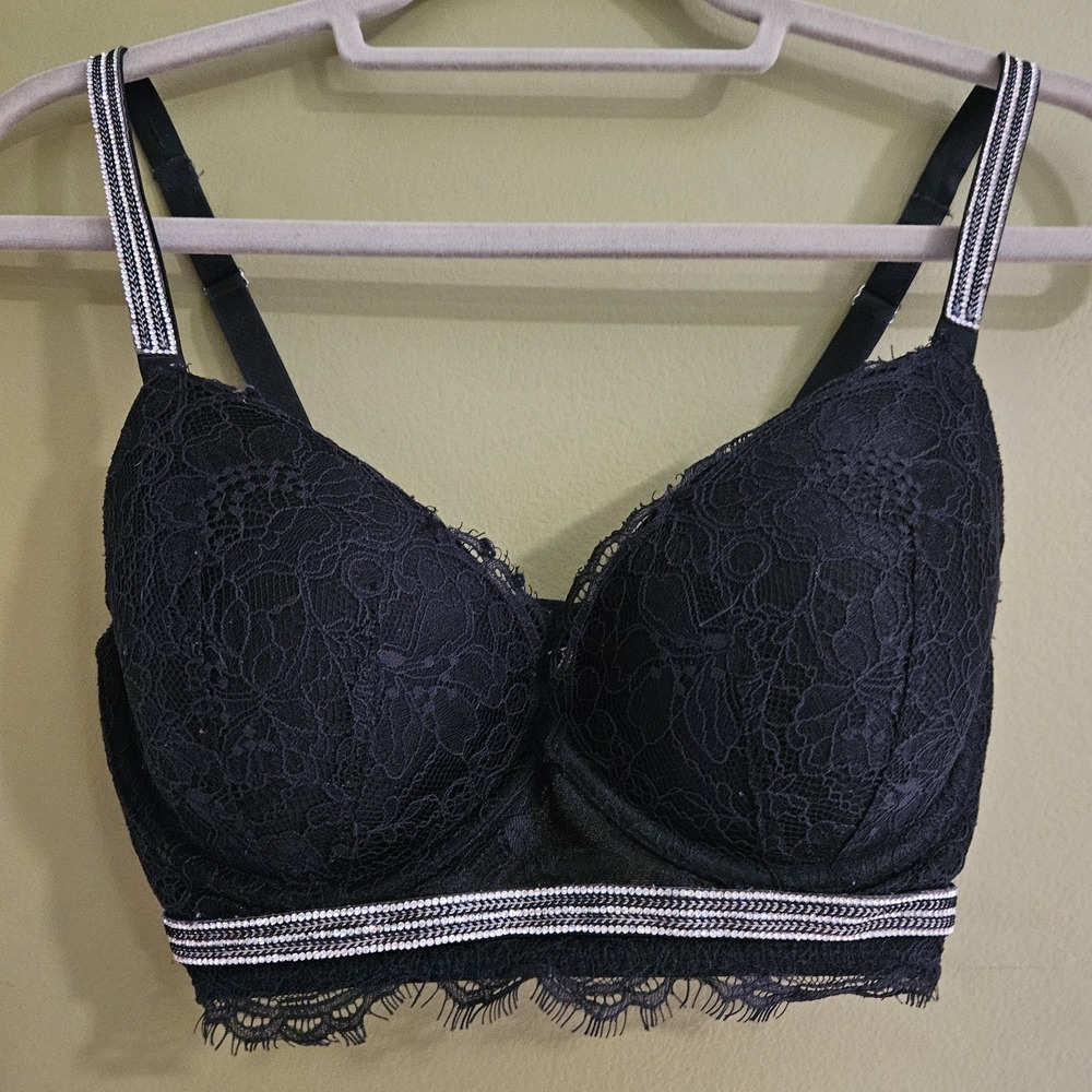 Victoria's Secret Light Lined Black Bling Balconet Bra 32DD Rhinestone Lace‎